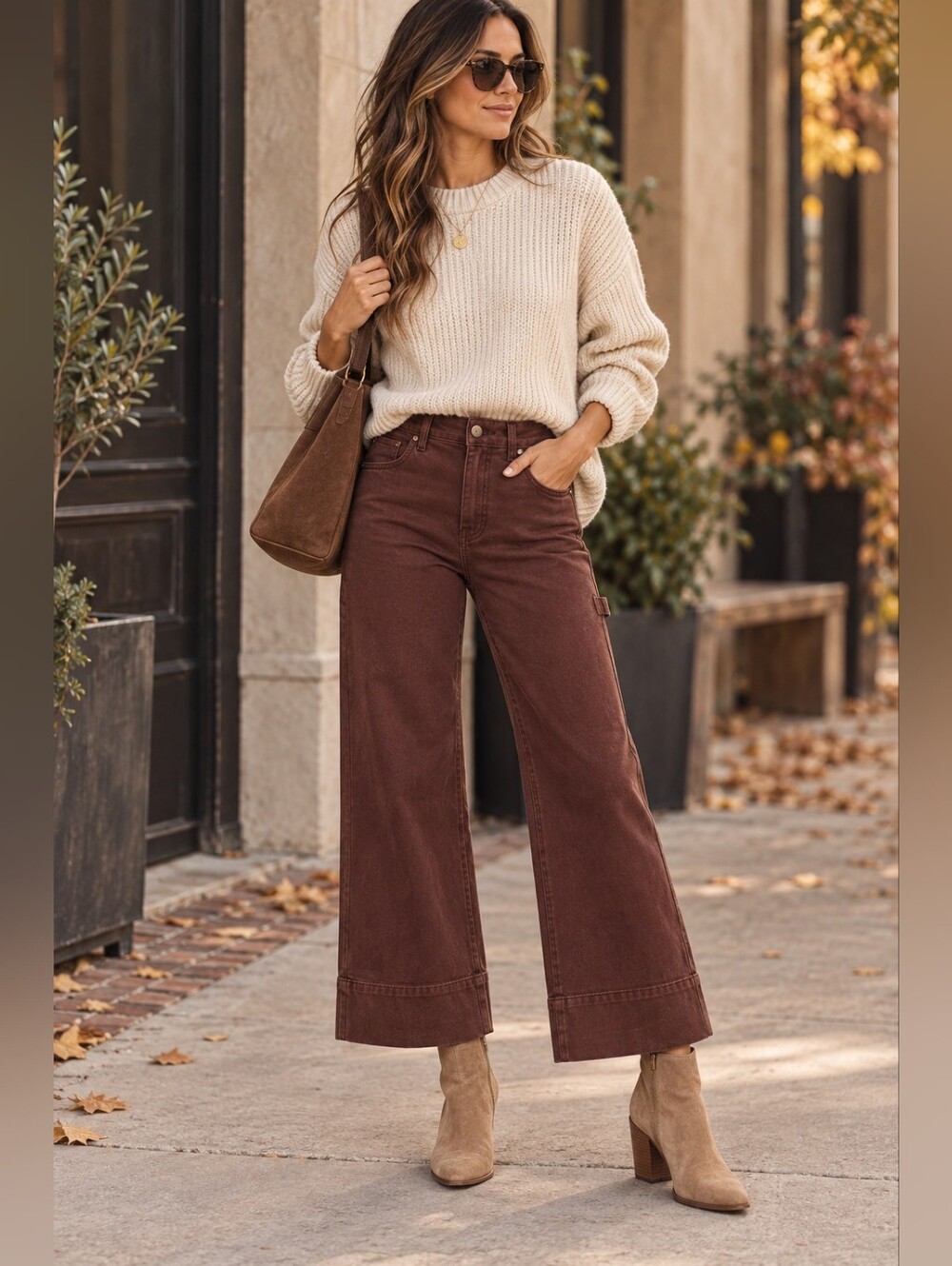 RISEN HR Tummy Control Wide Leg Cropped Jeans Cargo Choco Brown Various NEW